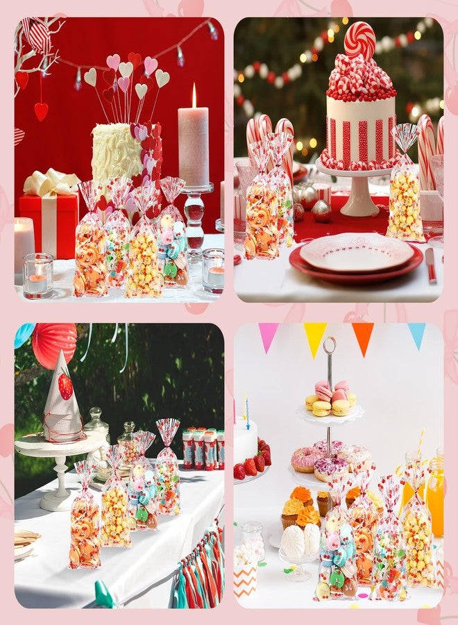 Yexiya 100pcs Cherry Cellophane Clear Treat Bags Pink Bows Candy Gift Bag with Ribbon Coquette Printed Plastic Goodie Snack Bags for Valentines Baby Shower Birthday Wedding Party Favors - Image 5